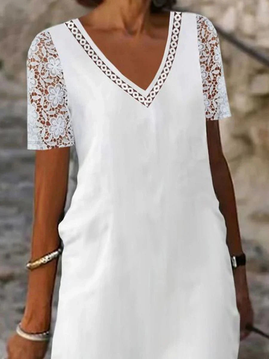 V-Neck Lace Hollow Shift Dress Leopard Print White