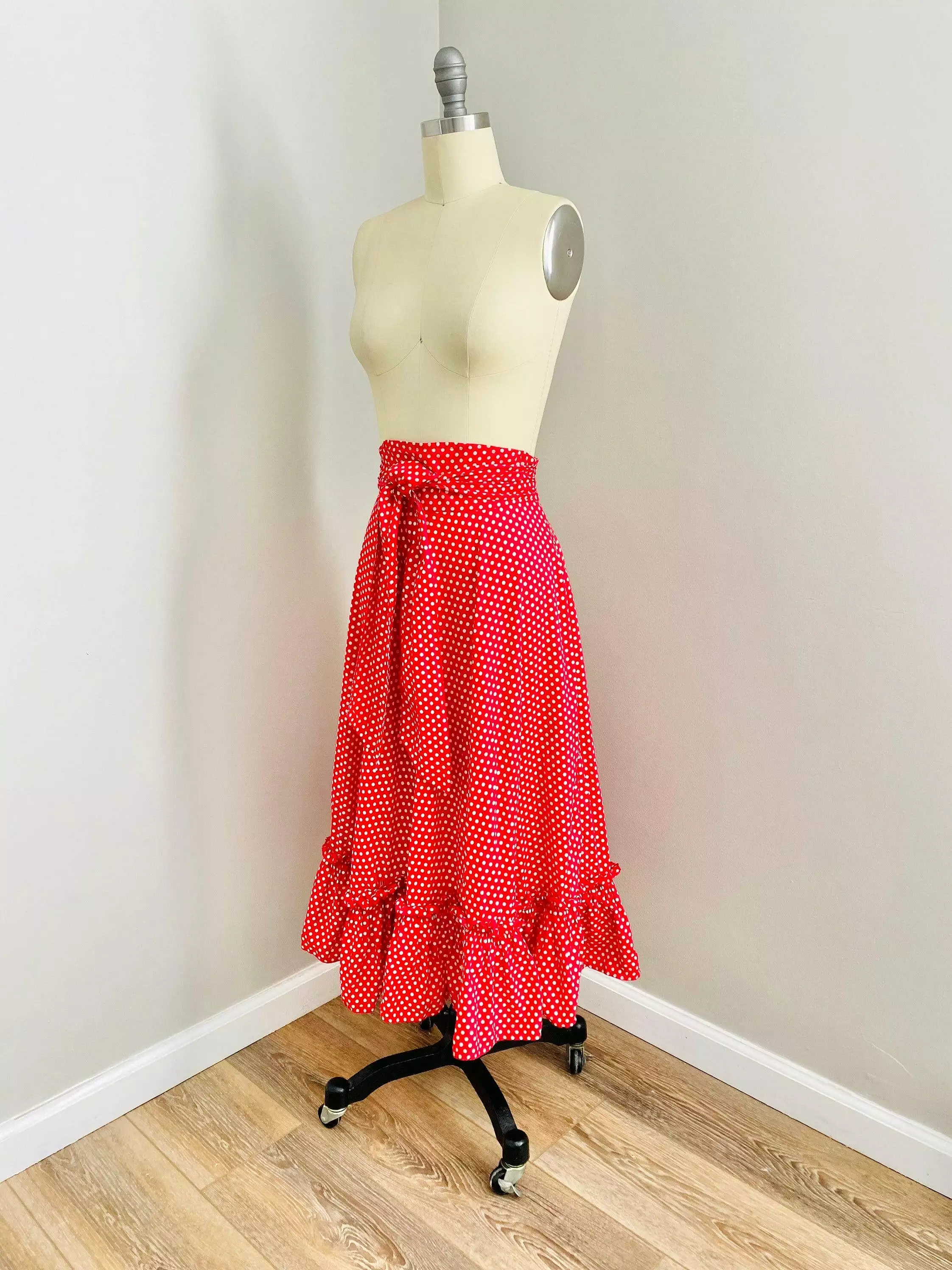 Vintage 1950s Red Polka Dot Cotton Maxi Skirt Size S