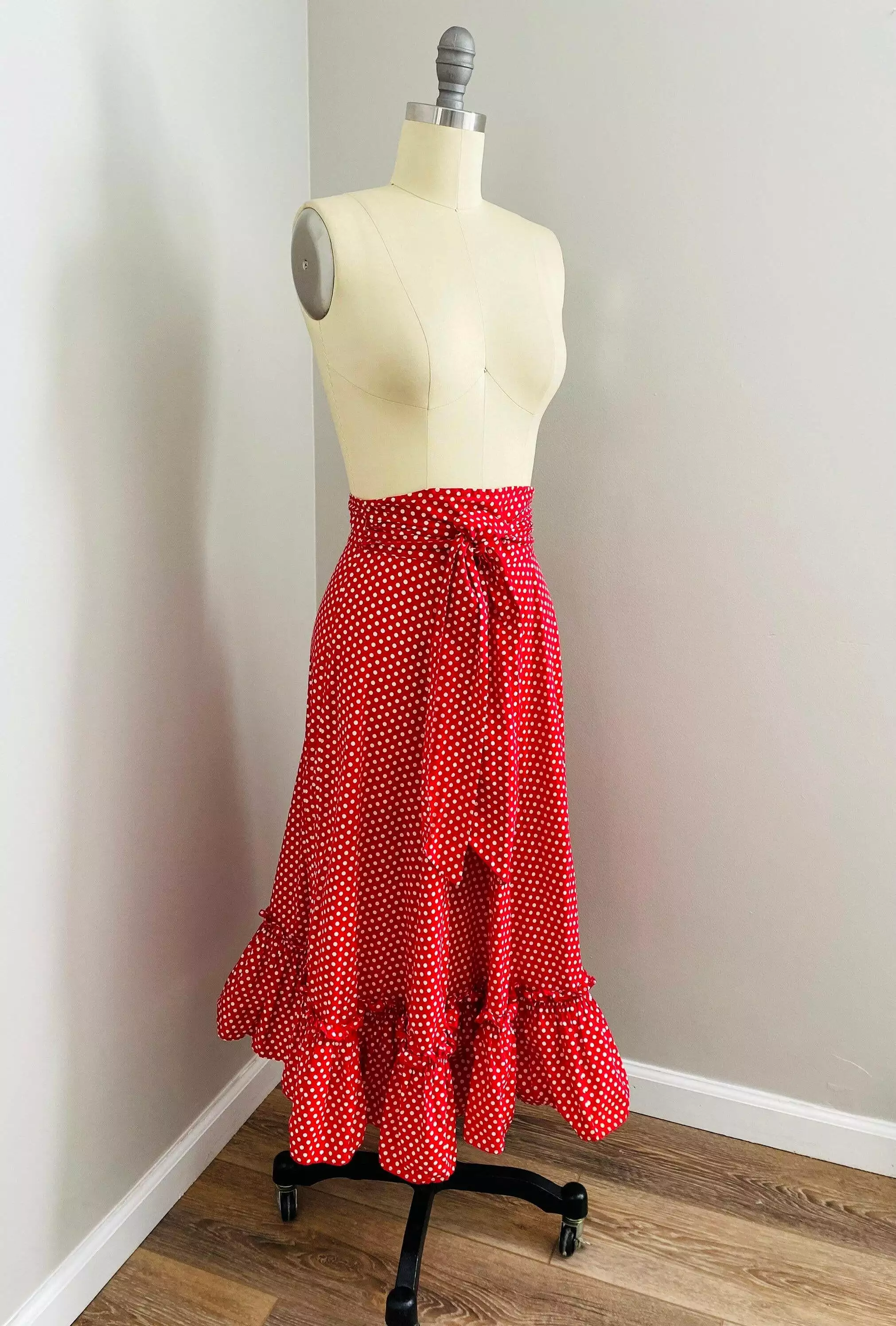 Vintage 1950s Red Polka Dot Cotton Maxi Skirt Size S