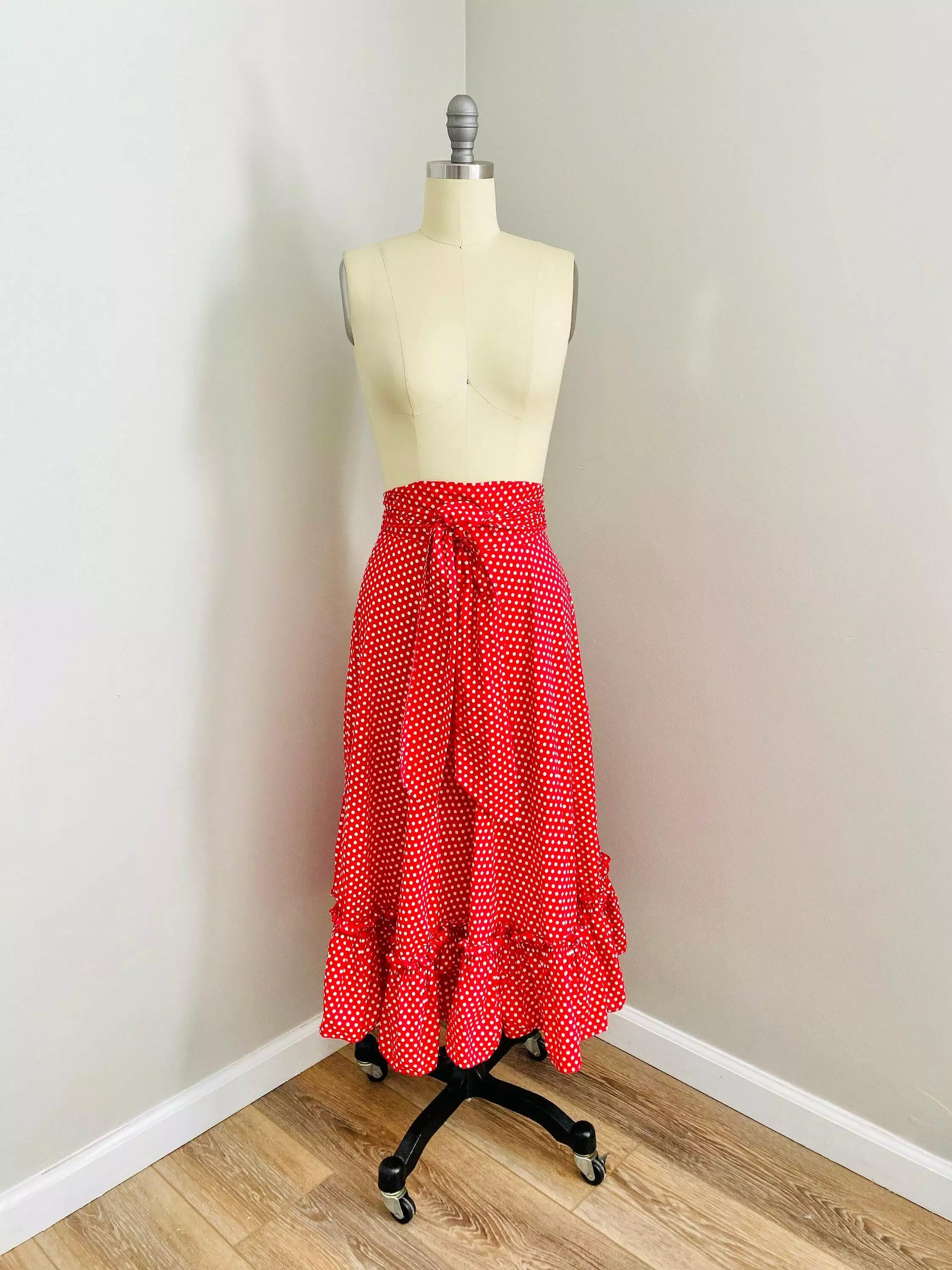 Vintage 1950s Red Polka Dot Cotton Maxi Skirt Size S