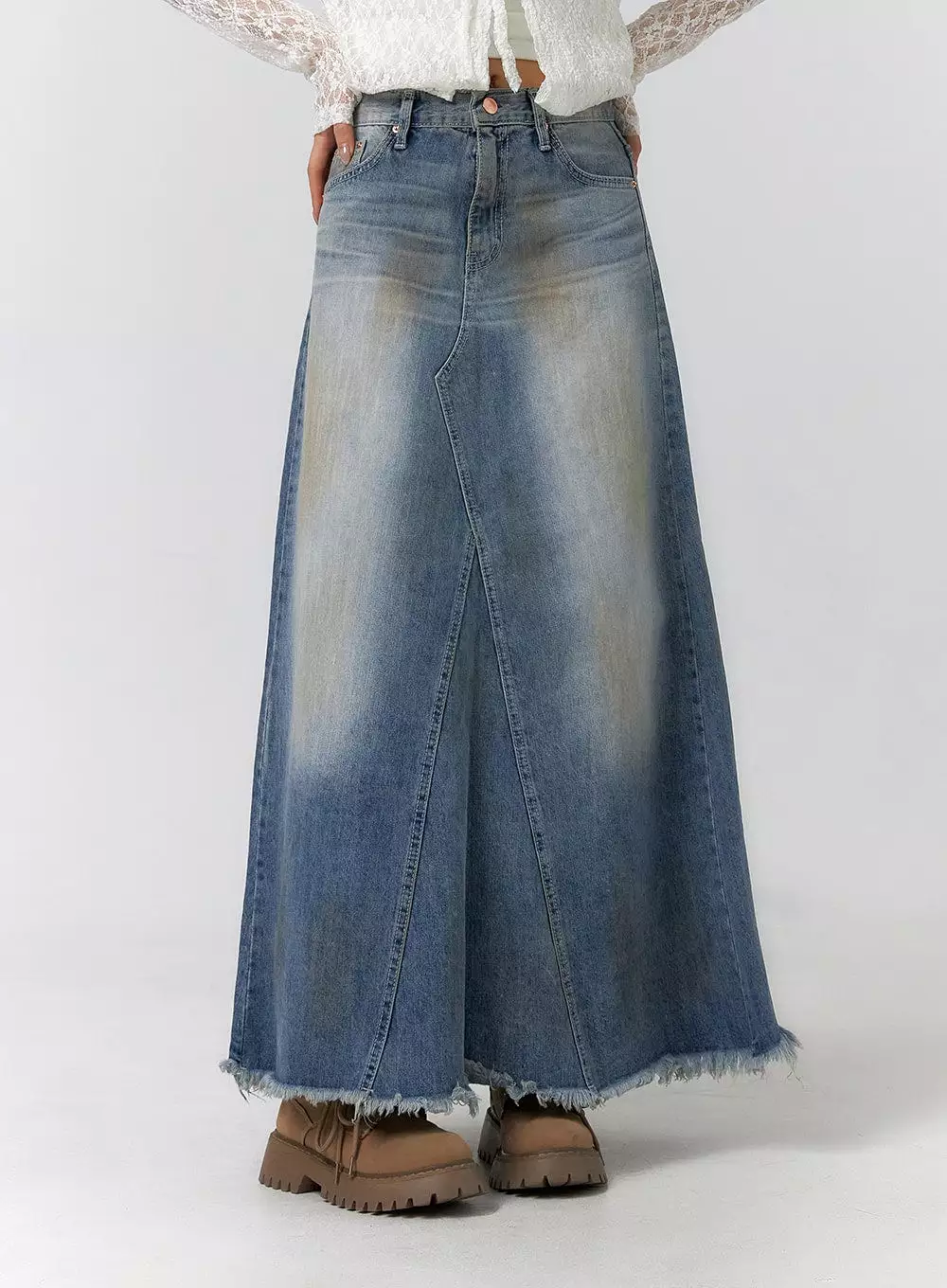 vintage maxi skirt, washed raw hem, CF405