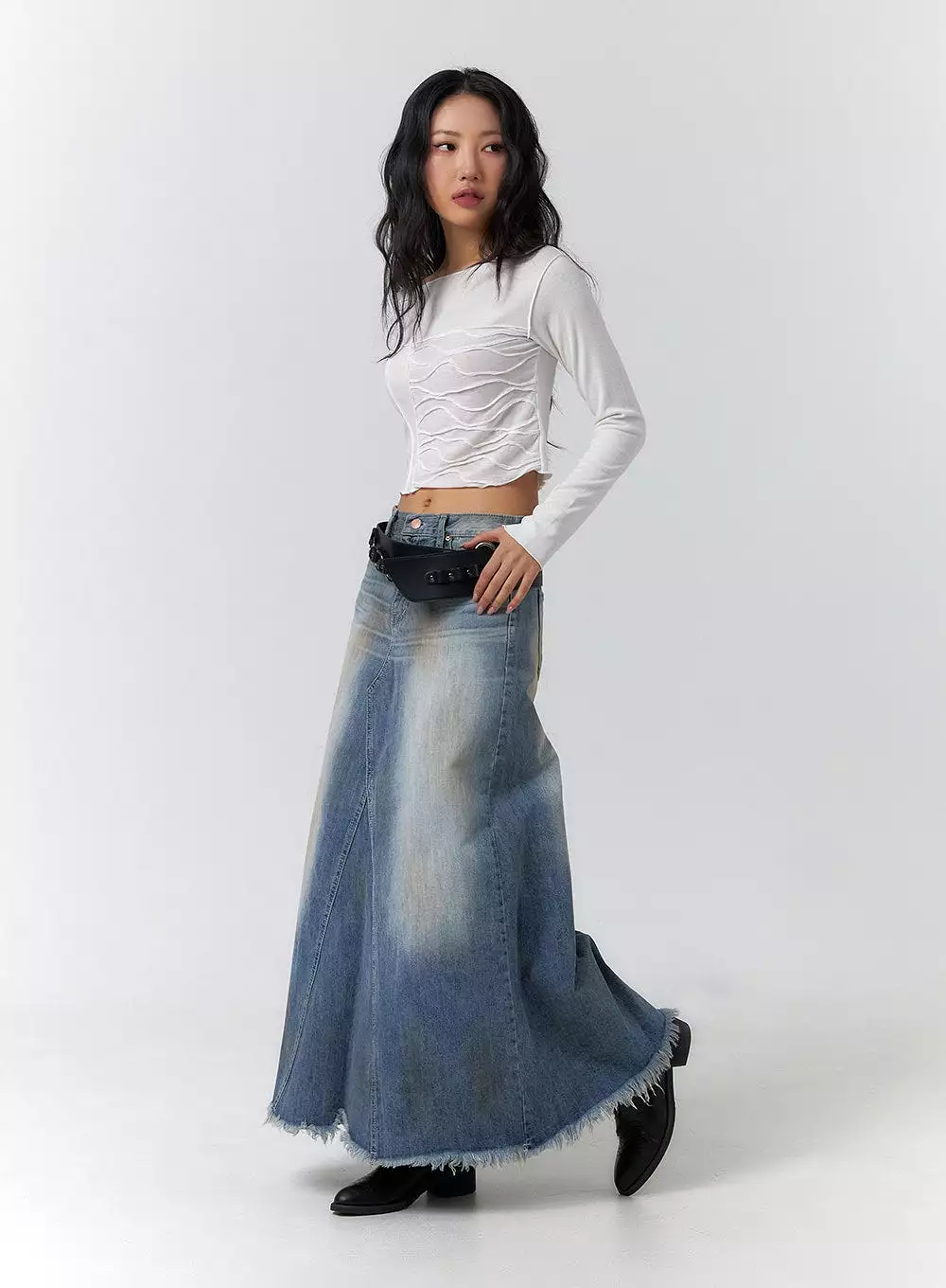 vintage maxi skirt, washed raw hem, CF405