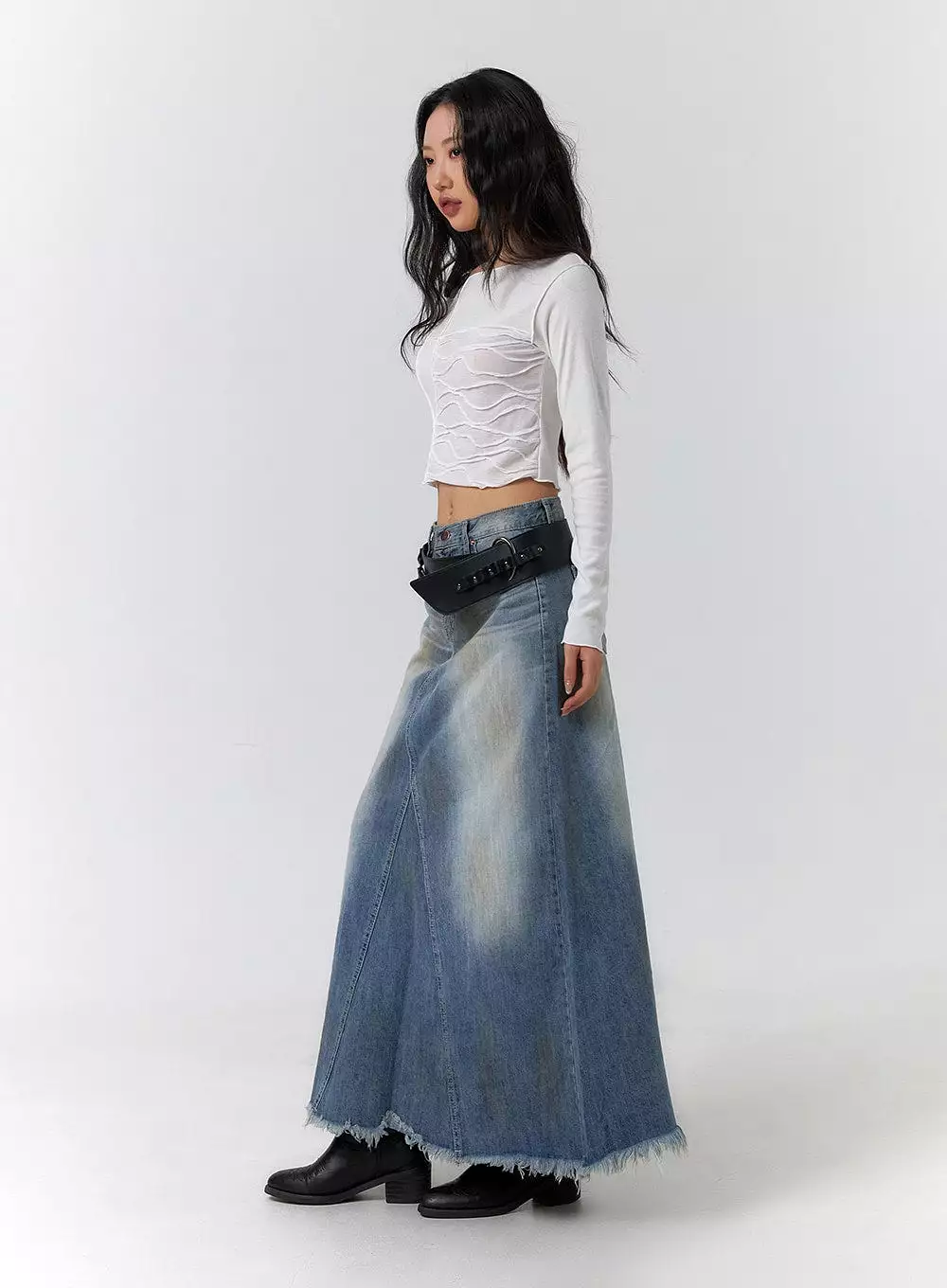 vintage maxi skirt, washed raw hem, CF405