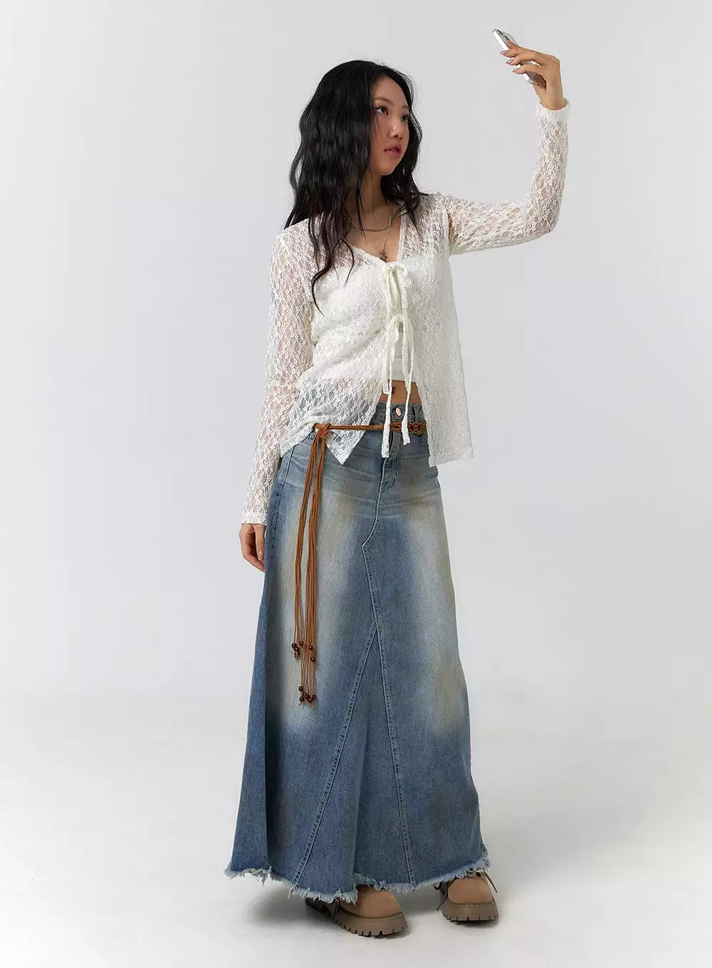 vintage maxi skirt, washed raw hem, CF405