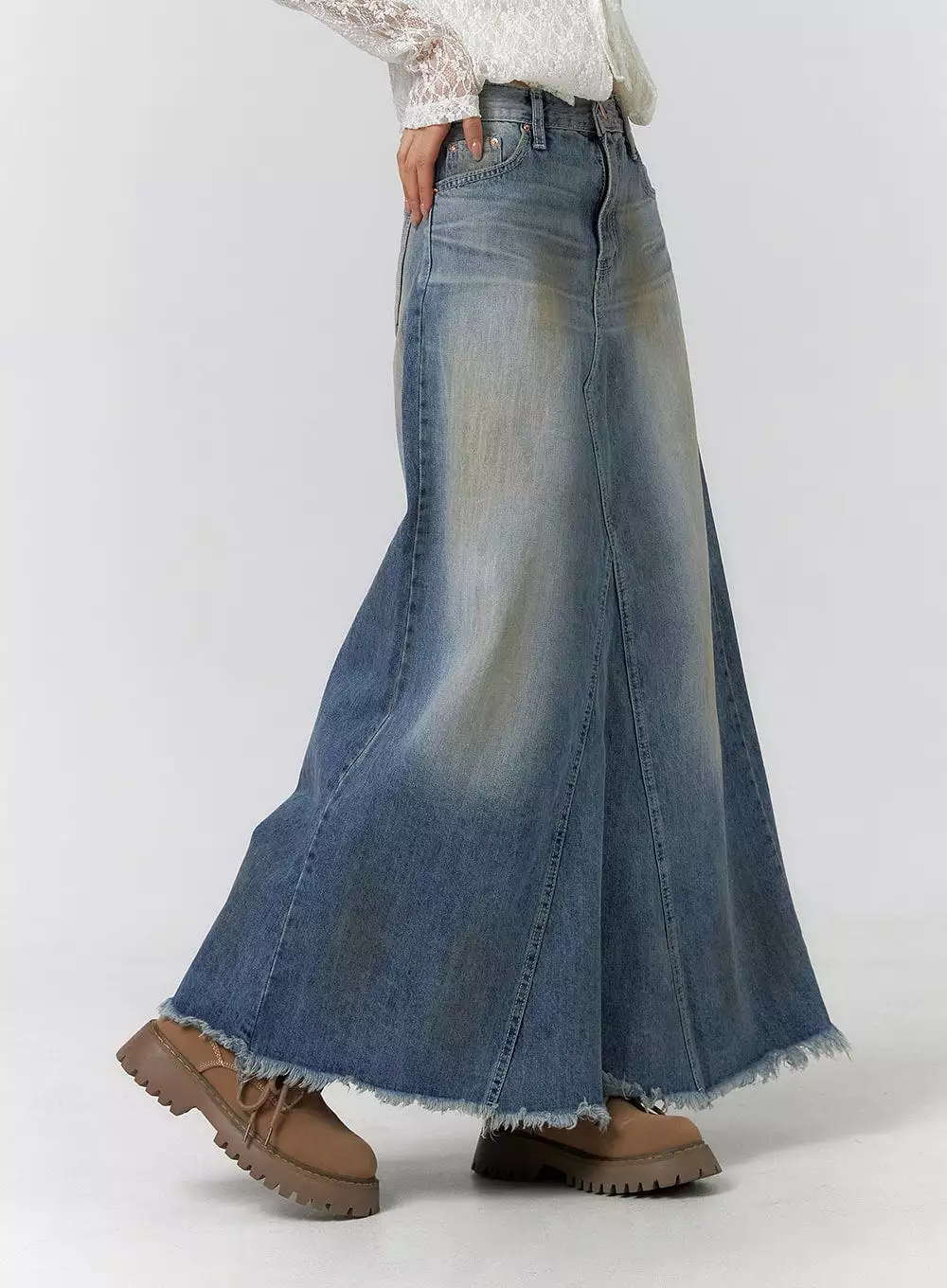 vintage maxi skirt, washed raw hem, CF405