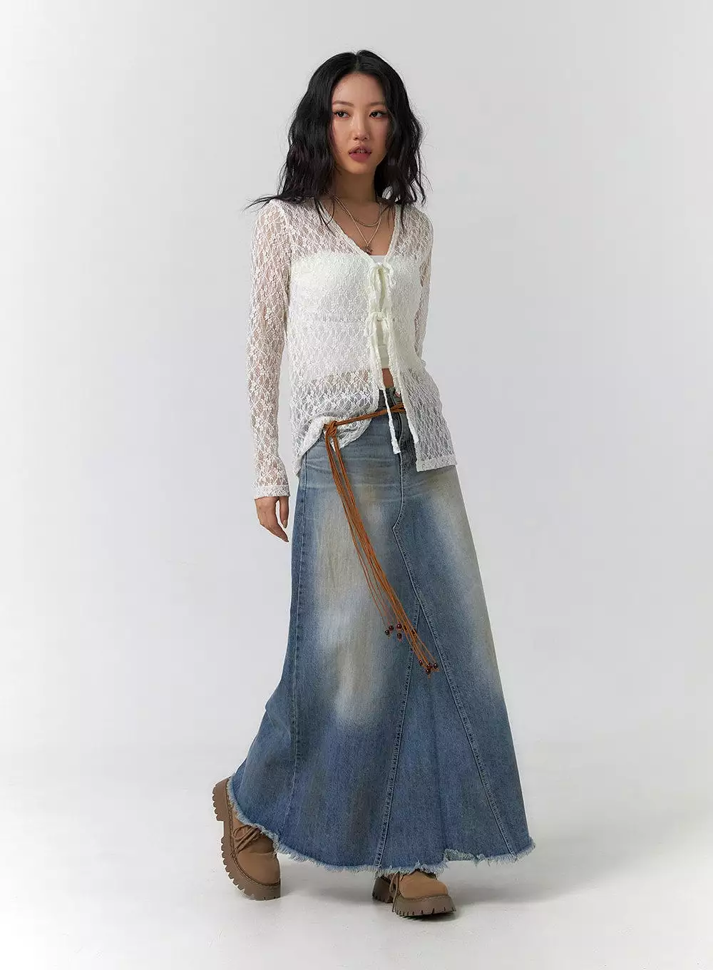 vintage maxi skirt, washed raw hem, CF405