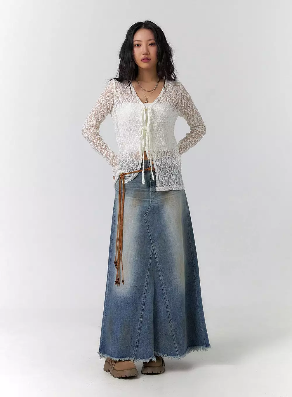 vintage maxi skirt, washed raw hem, CF405