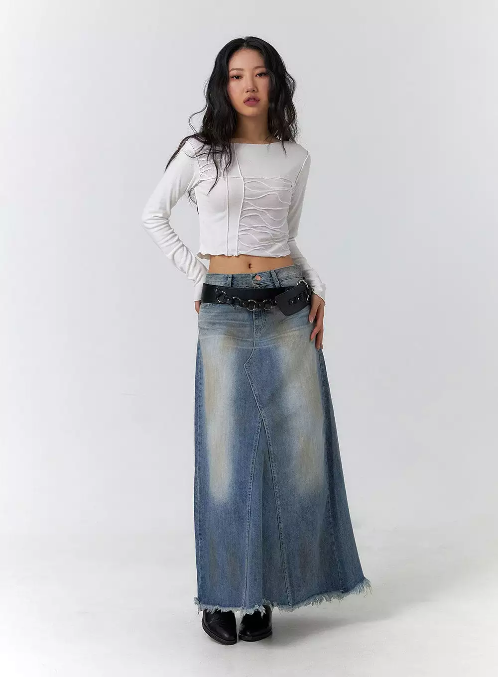 vintage maxi skirt, washed raw hem, CF405