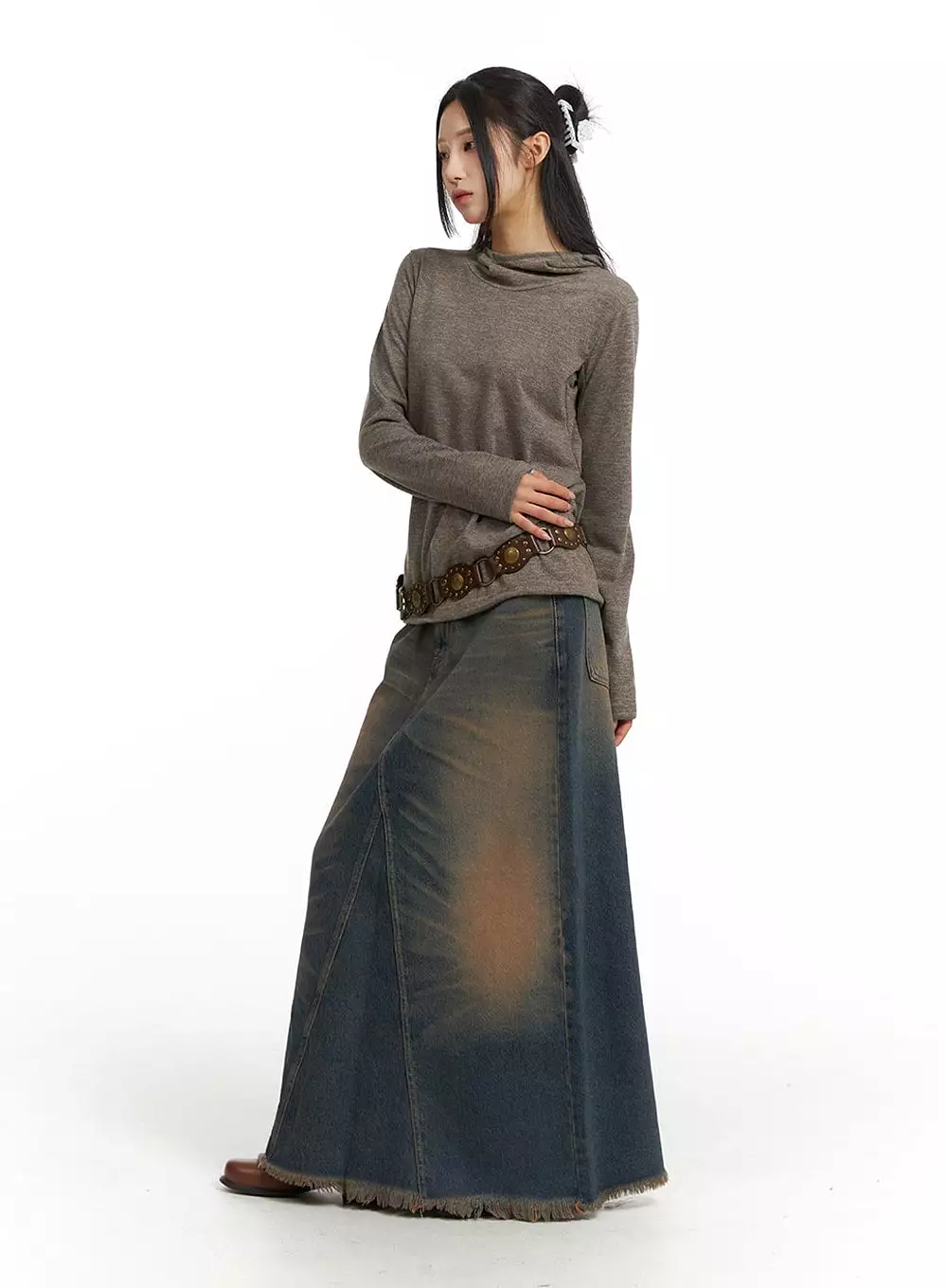 Washed Denim Maxi Skirt - CJ418