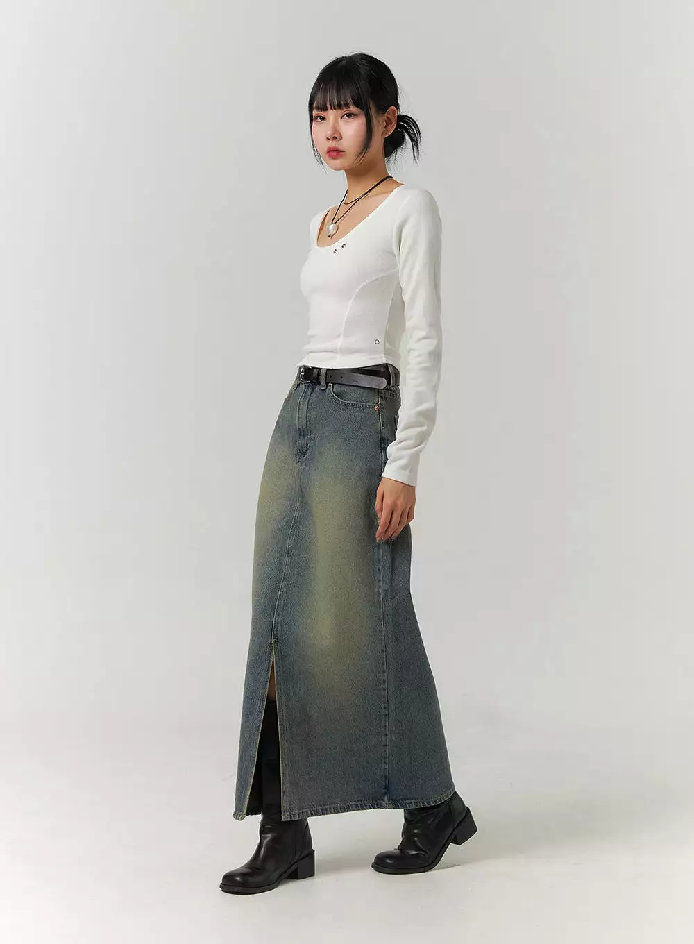 Washed Denim Maxi Skirt - CJ422