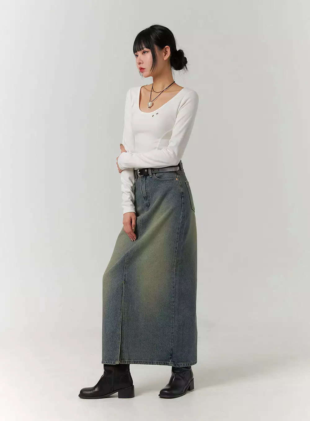 Washed Denim Maxi Skirt - CJ422