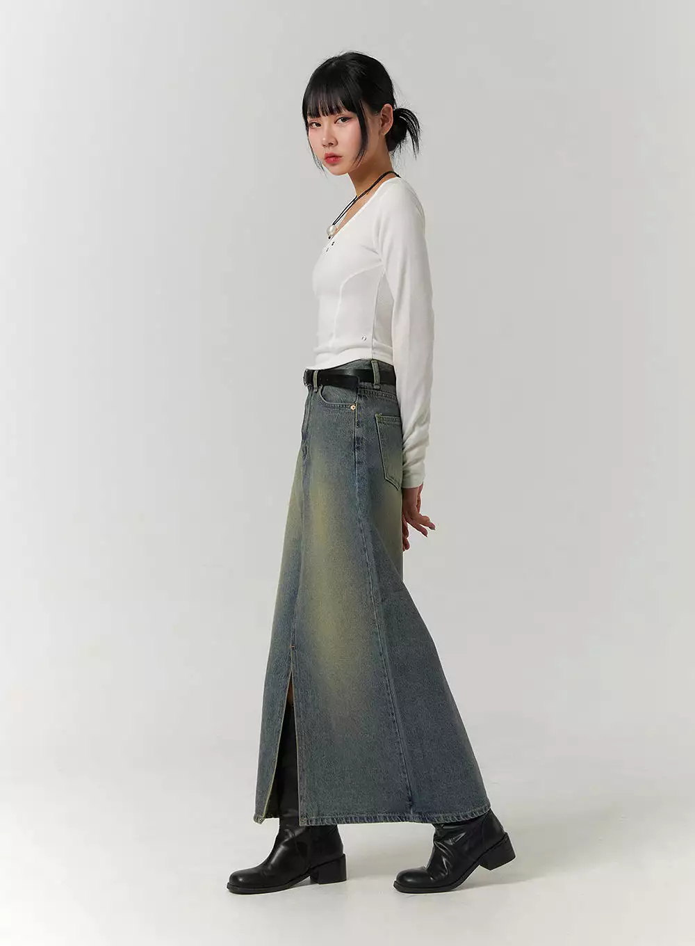 Washed Denim Maxi Skirt - CJ422