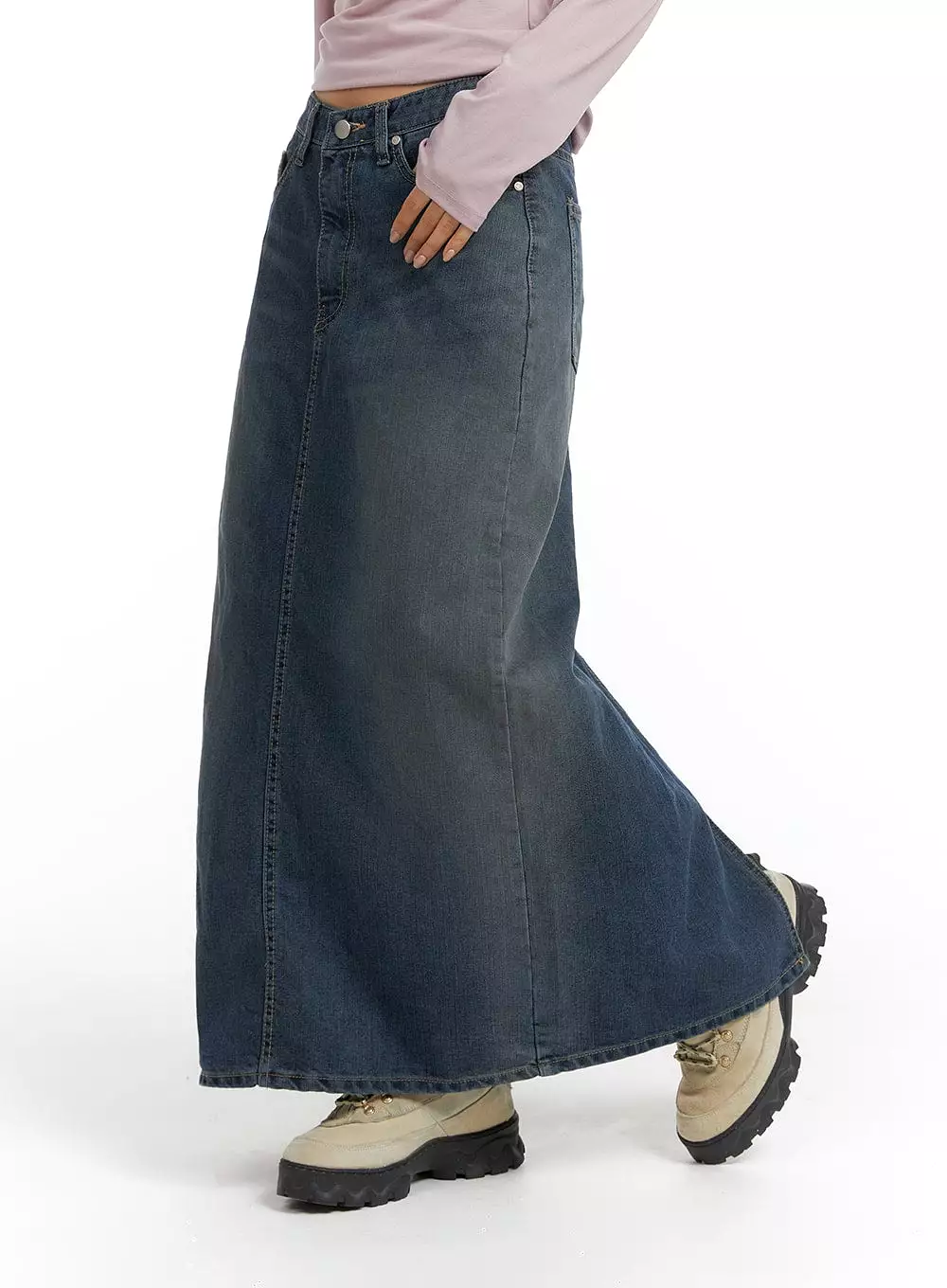 Washed Denim Maxi Skirt