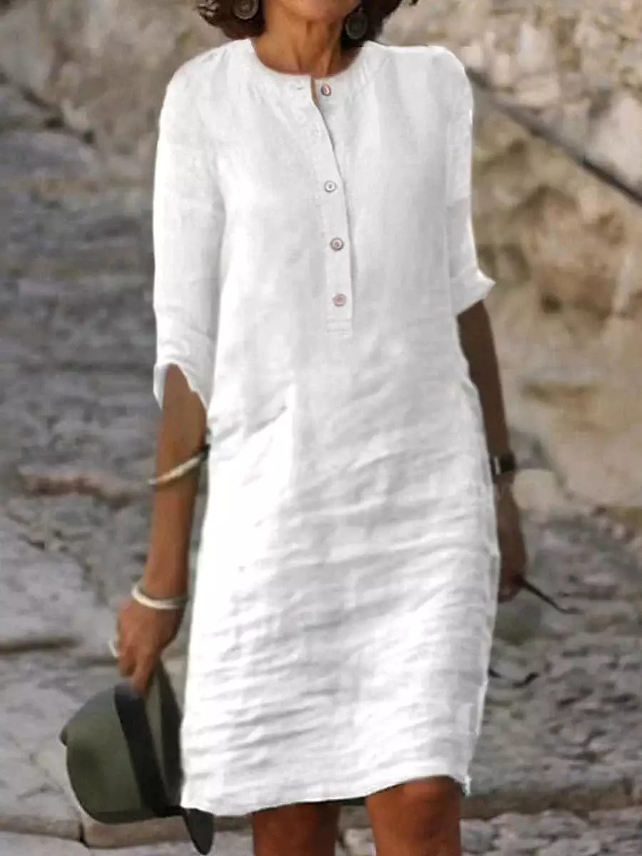 White Cotton Linen Shift Dress with 3/4 Sleeves