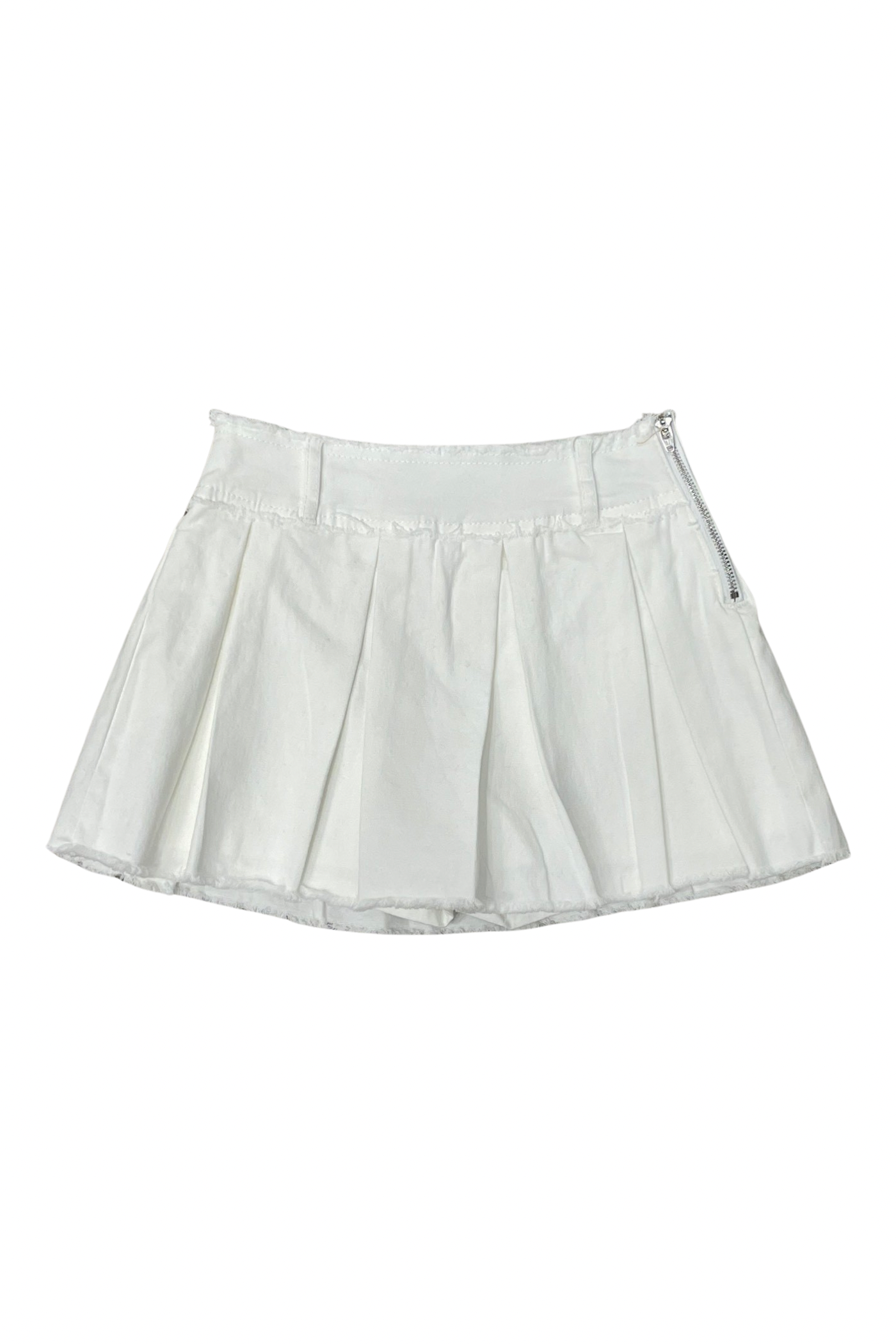 White Denim Pleated Skirt Shorts.