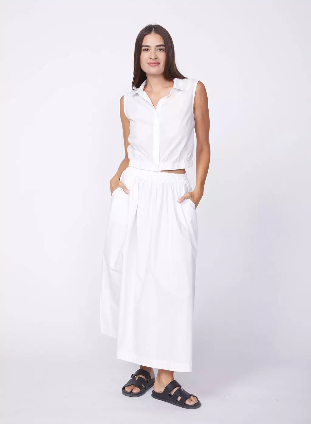 White Maxi Skirt with Double Slits in Fine Poplin