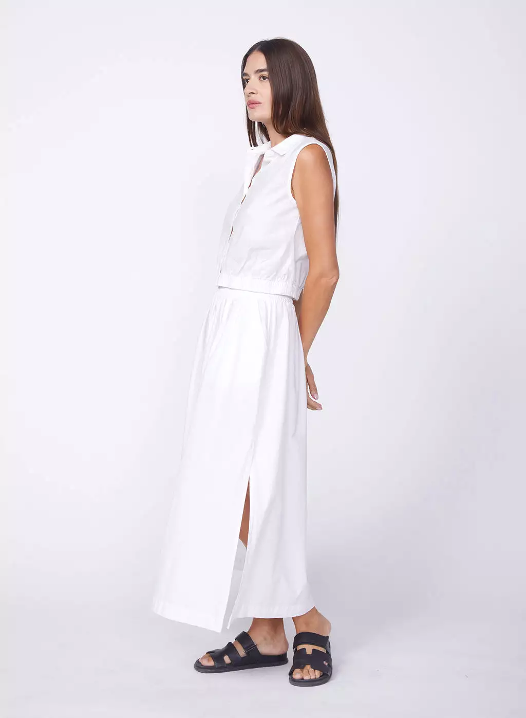 White Maxi Skirt with Double Slits in Fine Poplin