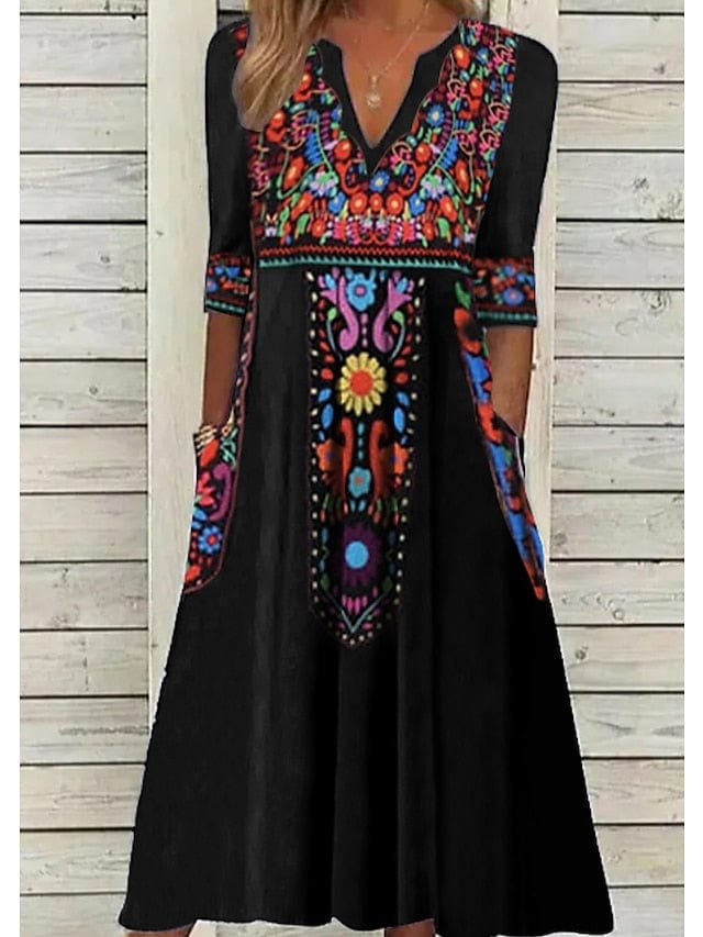 Women's Black Floral Midi Shift Dress with V Neck and Pocket