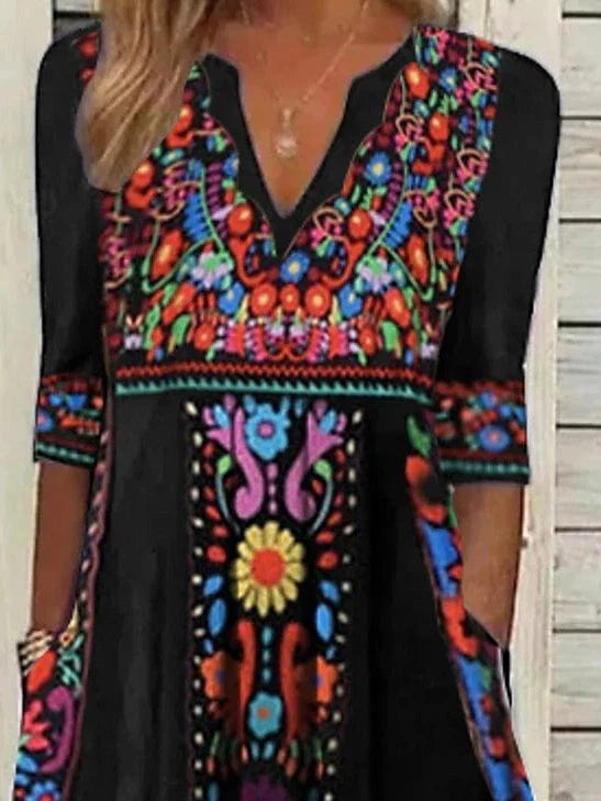 Women's Black Floral Midi Shift Dress with V Neck and Pocket