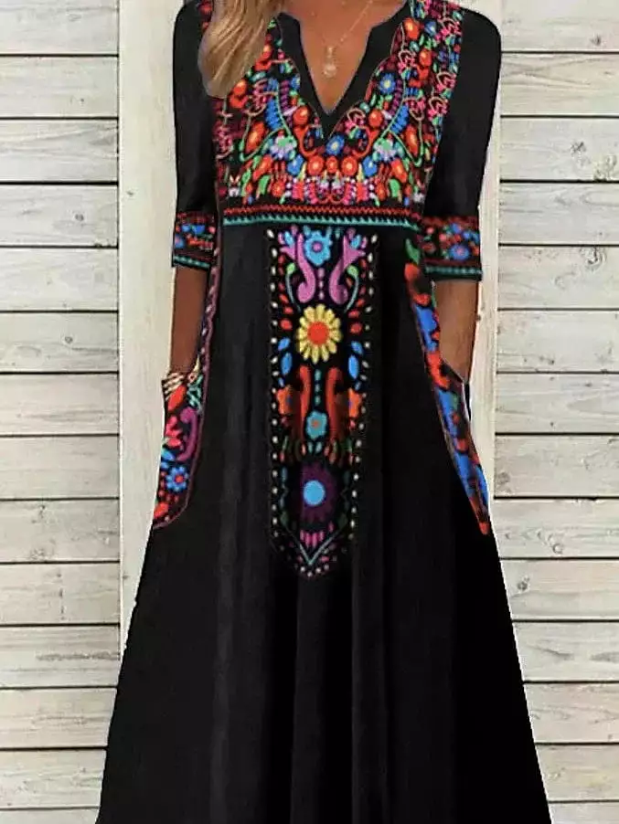 Women's Black Floral Midi Shift Dress with V Neck and Pocket