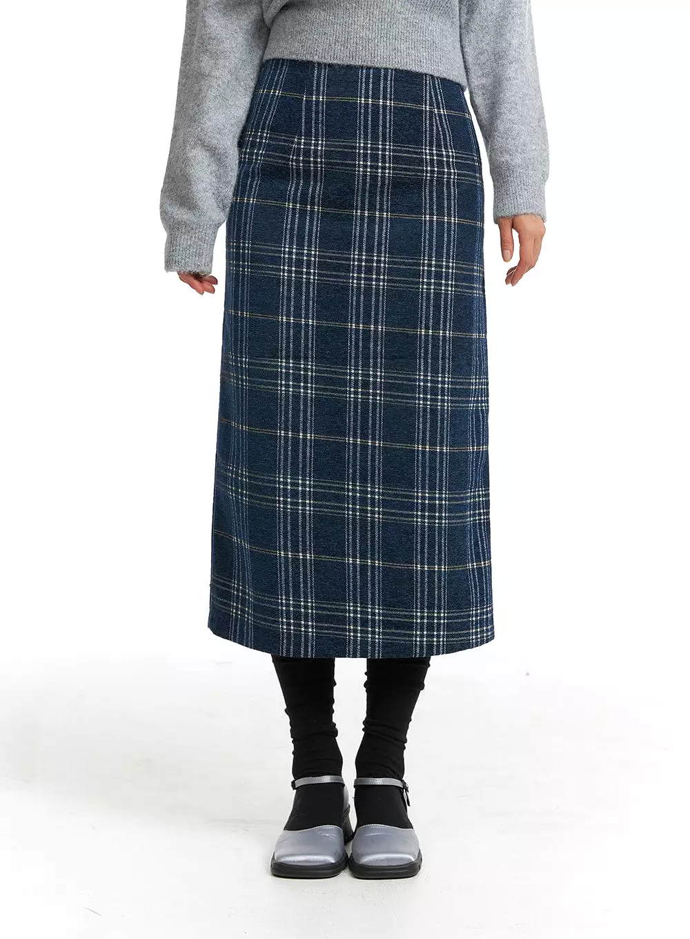 Wool Plaid Maxi Skirt - Mid Waist OJ405