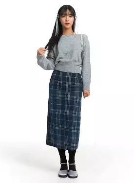 Wool Plaid Maxi Skirt - Mid Waist OJ405