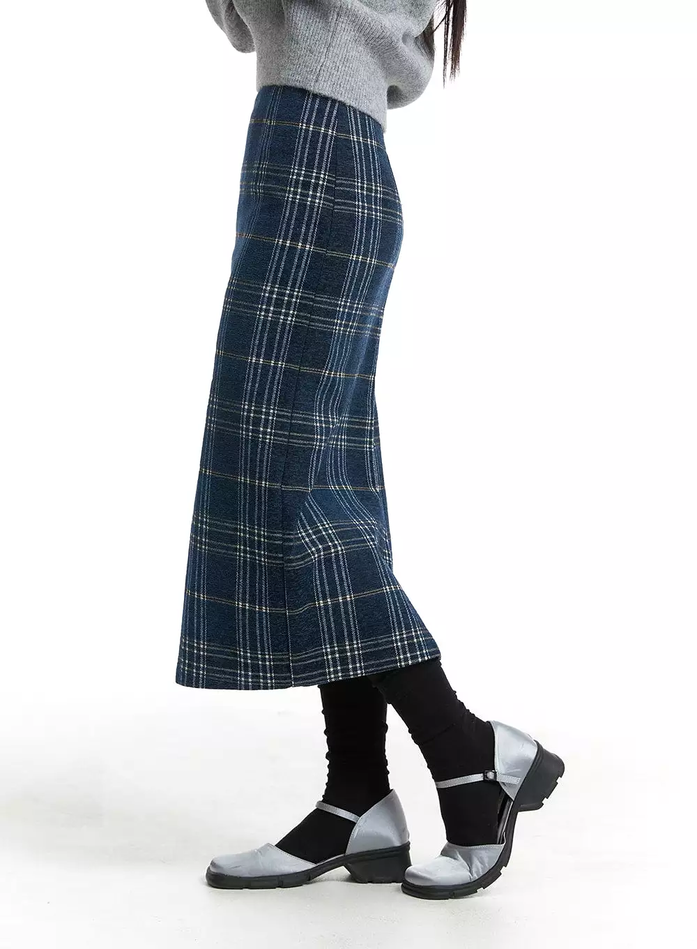 Wool Plaid Maxi Skirt - Mid Waist OJ405