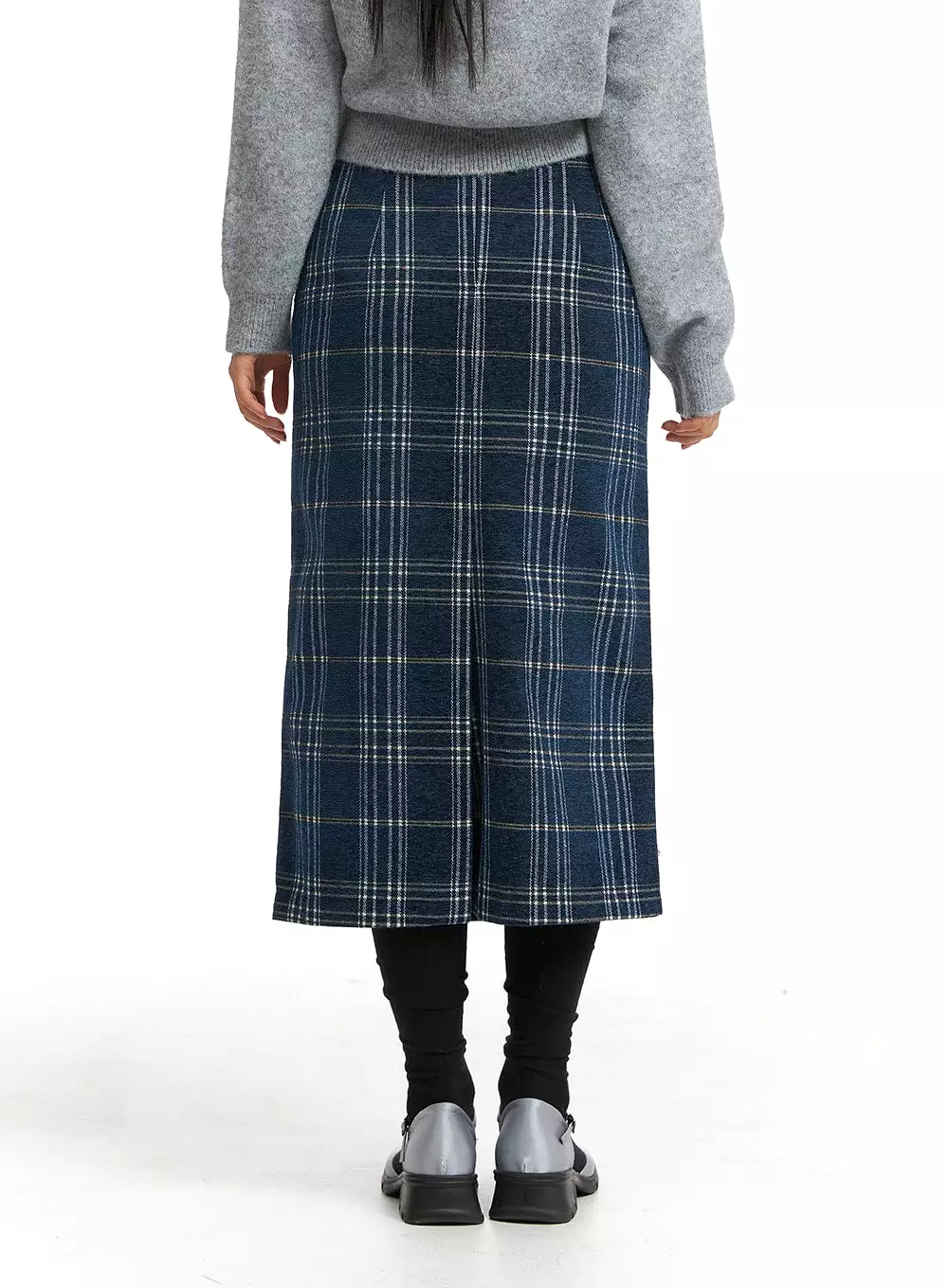 Wool Plaid Maxi Skirt - Mid Waist OJ405