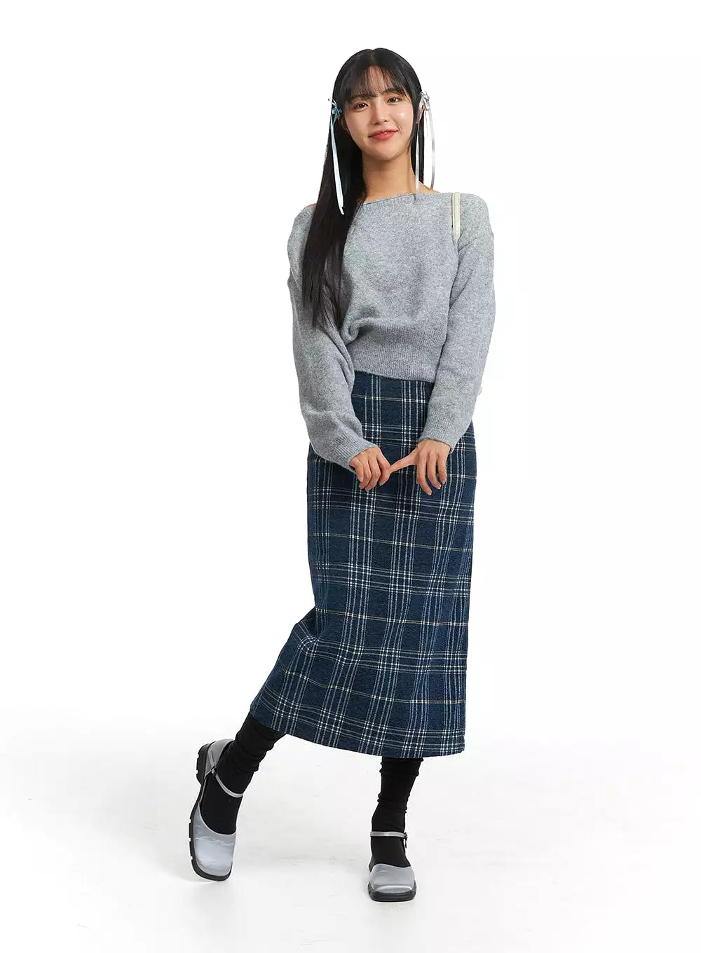 Wool Plaid Maxi Skirt - Mid Waist OJ405