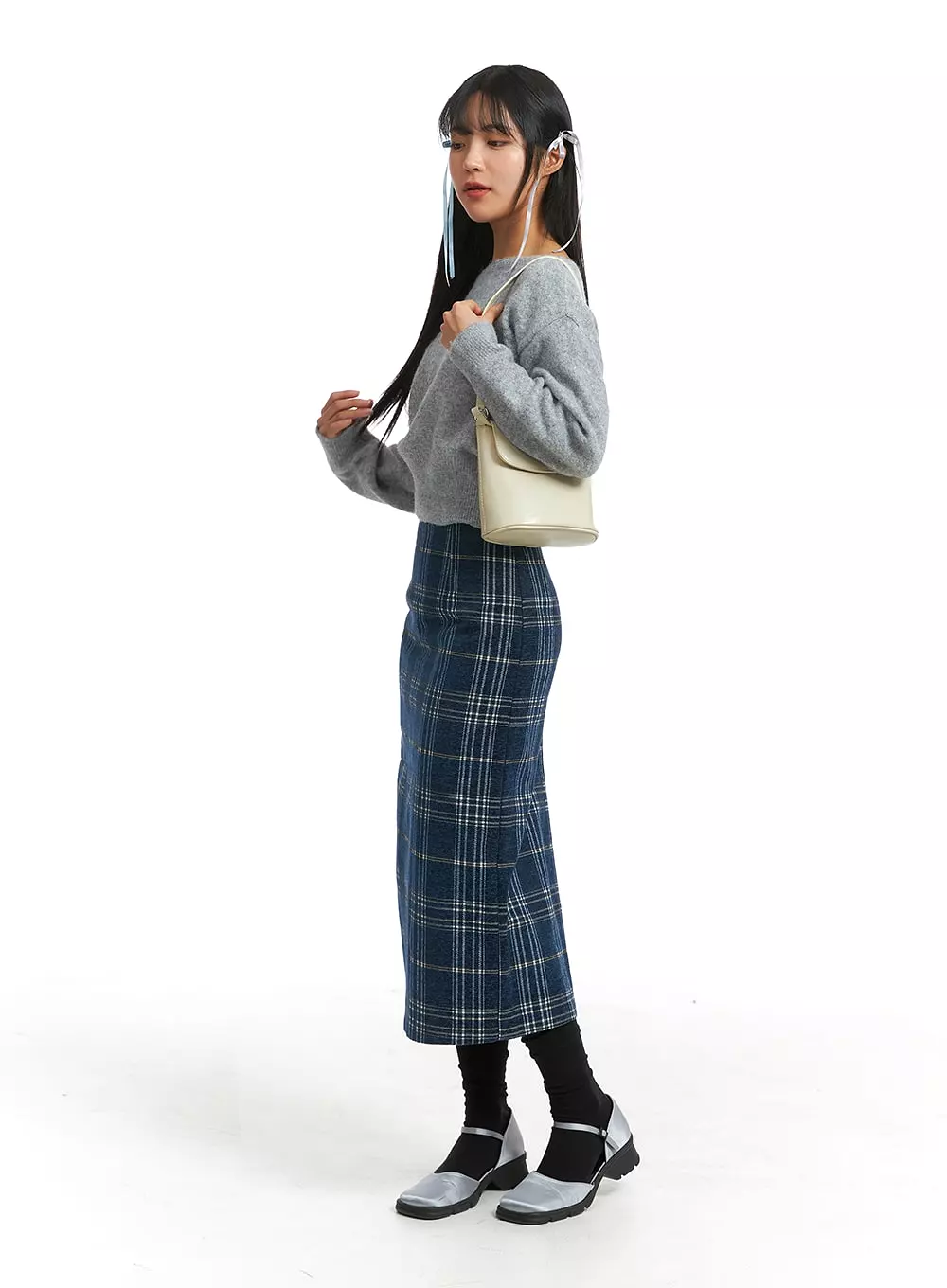 Wool Plaid Maxi Skirt - Mid Waist OJ405